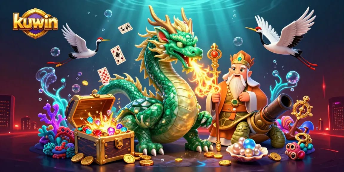 kuwin players mastering fishing games with jade dragon, turtle sage, and lucky cranes, filled with treasures and casino elements