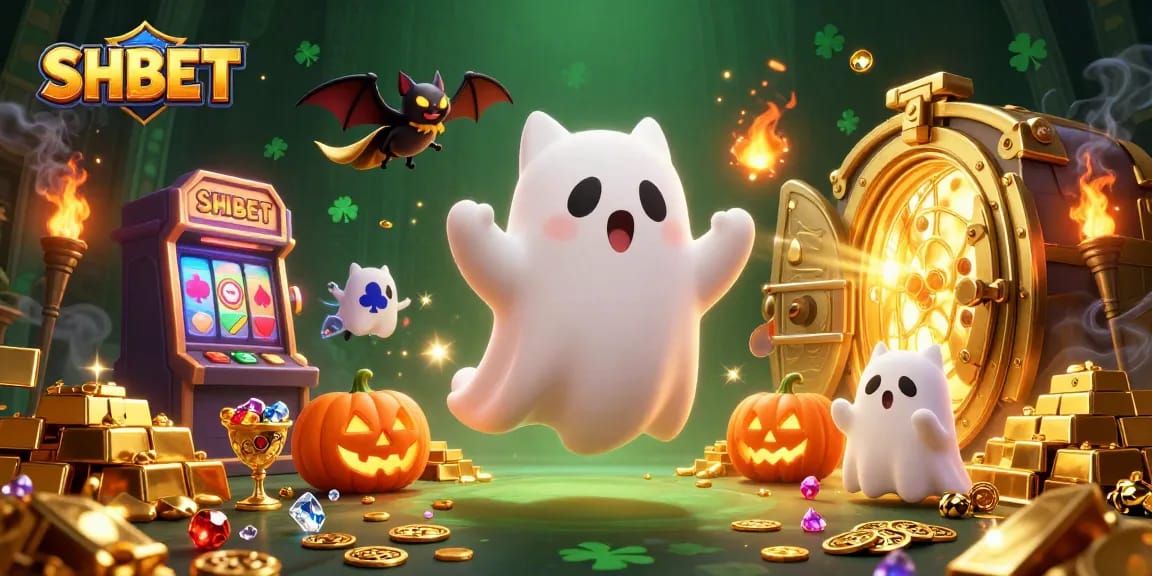 Experience SHBET's thrilling casino atmosphere with a ghost cat and glowing treasures in a vibrant illustration.
