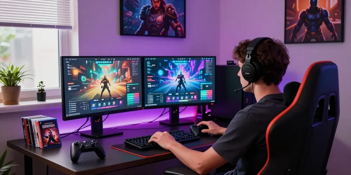 Engaging scene of a player immersed in a porno game session at a stylish gaming desk with dual monitors.