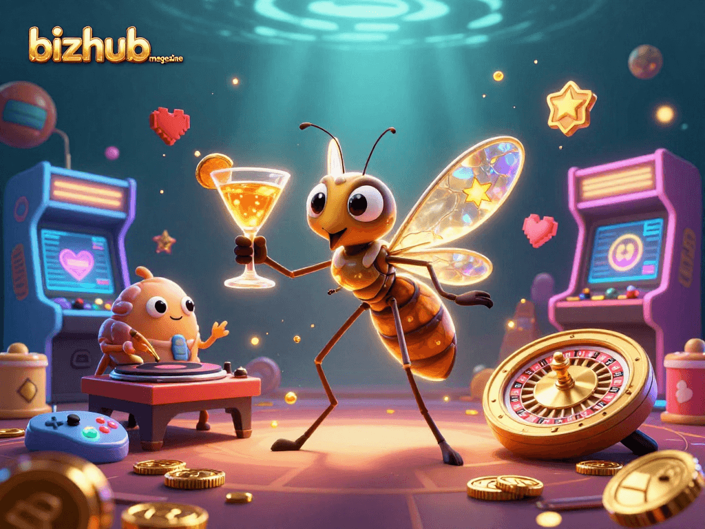 Energetically promoting bizhubmagazine, frozen-in-amber mosquito mascot spins a golden cocktail with gaming elements.
