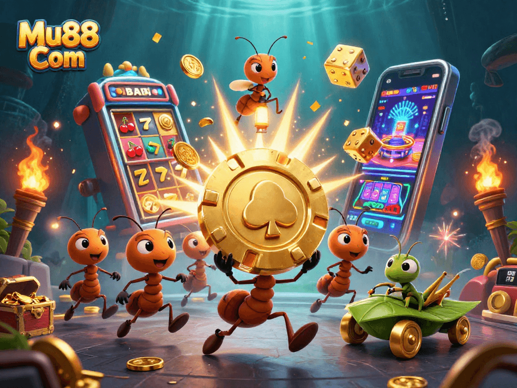Experience the thrill of Mu88 Com with ants on a heist, golden poker chip, and explosive casino games.