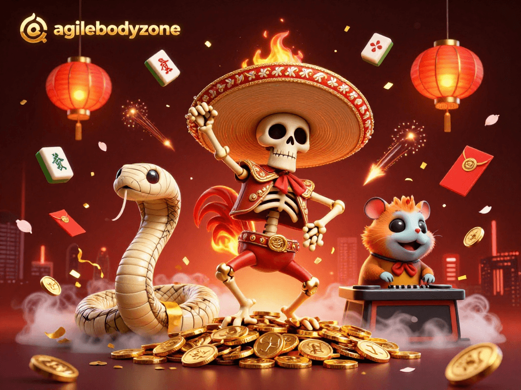Immerse in gaming excitement at agilebodyzone with a vibrant 3D casino scene featuring animated characters and festive elements.