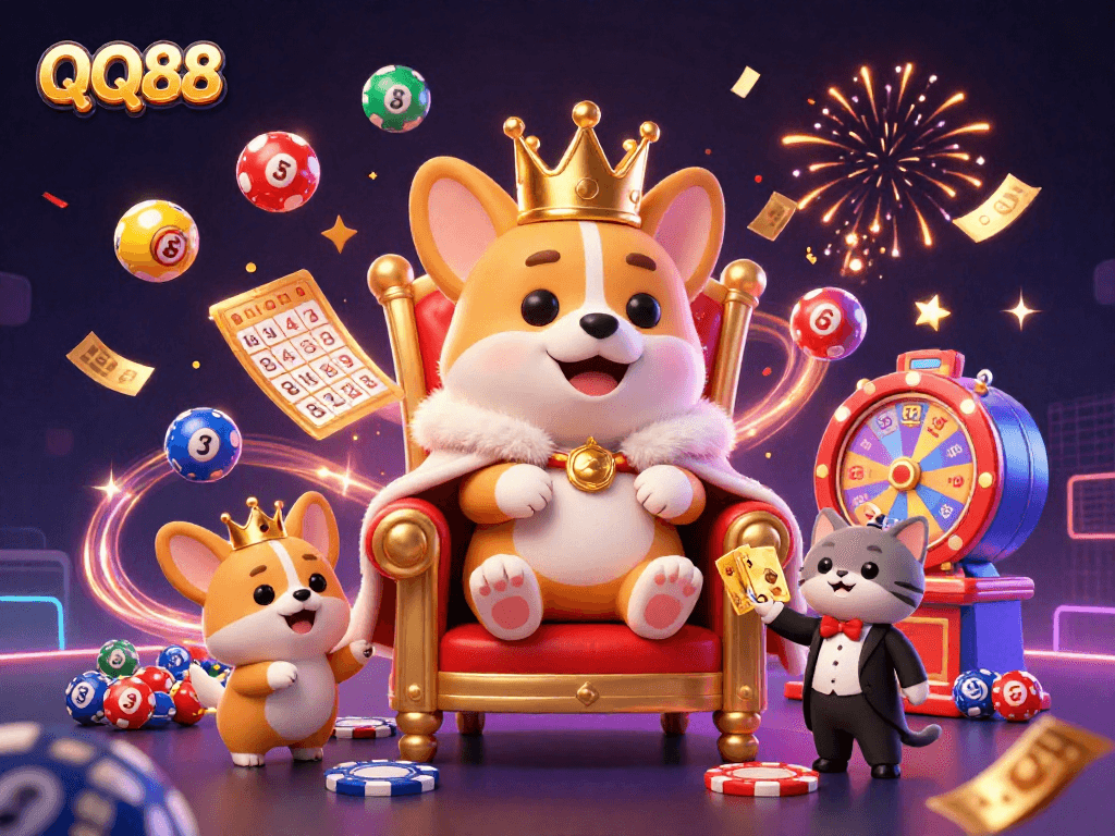 Experience the thrill at QQ88 with playful corgis and vibrant casino elements in a lively scene.