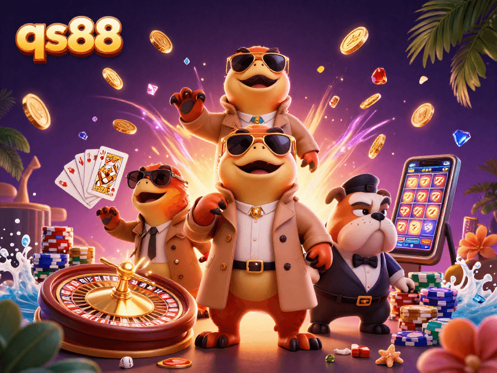 Experience qs88 in a vibrant casino scene with animated raptors and dynamic game elements.