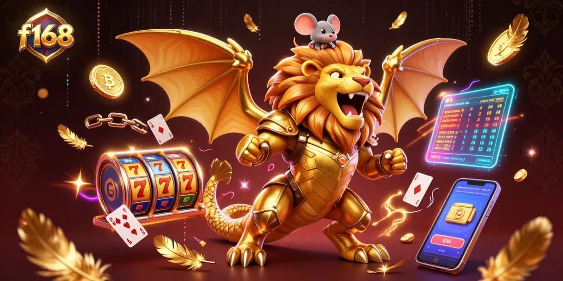 Engage with f168's vibrant online casino experience filled with exciting game elements and a majestic chimera.