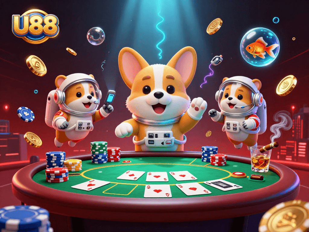 Experience thrilling gameplay with U88 in a vibrant space casino scene filled with poker chips, corgi, and goldfish.