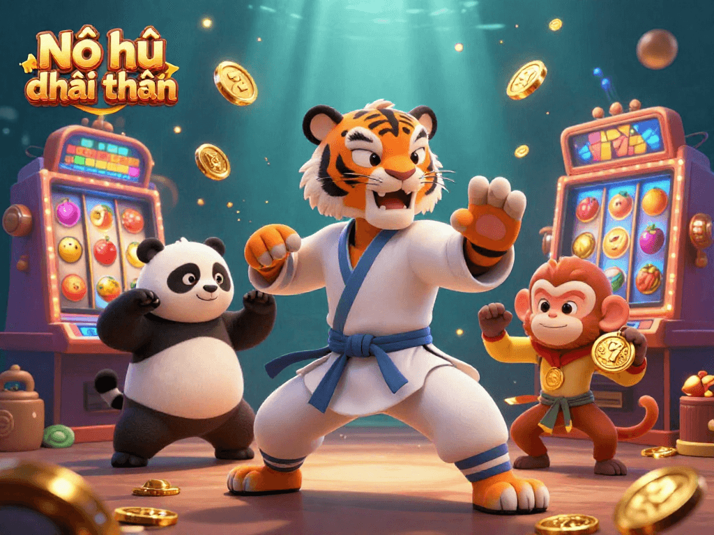 Nổ hũ đổi thưởng scene with a kung fu tiger master and panda disciple amidst vibrant slot machines.