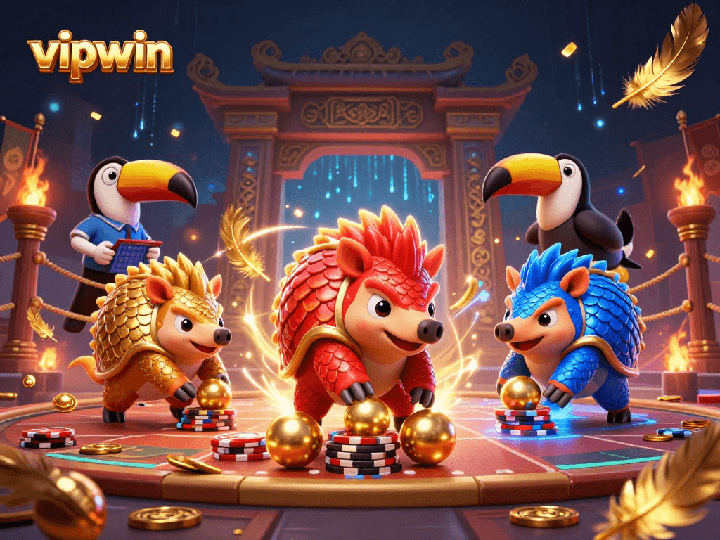 Witness the excitement at vipwin with pangolins bowling through poker chips in a vibrant casino atmosphere.