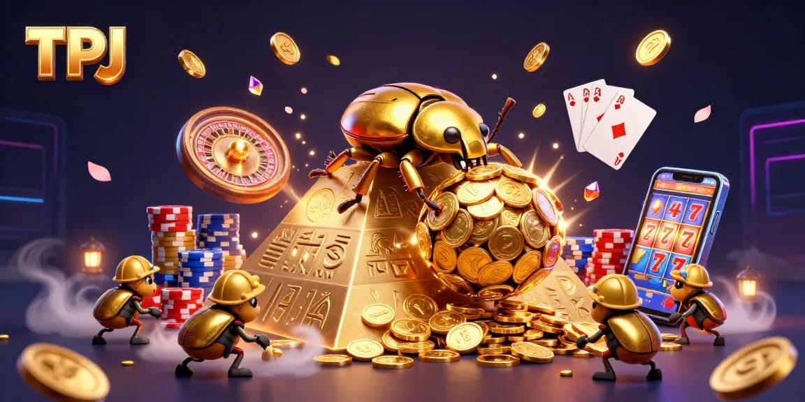 Experience TPJ's vibrant 3D casino scene with golden beetles, cascading coins, and a spinning roulette wheel.