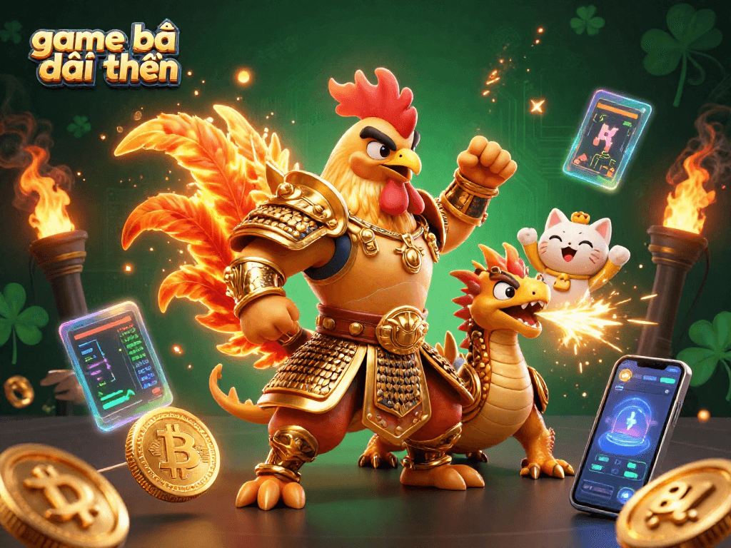 Engage with game bài đổi thưởng in this dynamic illustration featuring a rooster warrior and dragon hatchling.