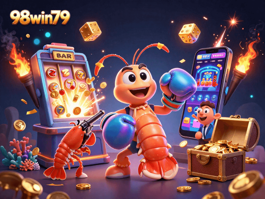 Experience thrilling gameplay with 98win79 as lively shrimp characters announce a jackpot explosion in a dynamic casino scene.