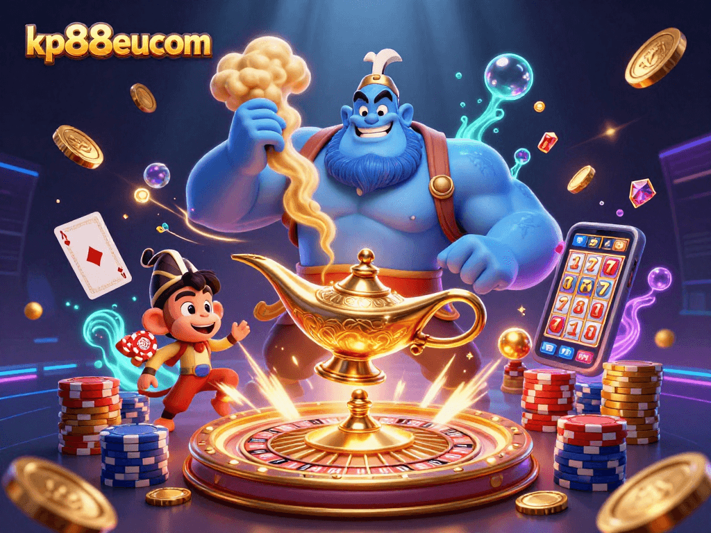 Create your fortune at kp88eucom with a vibrant scene featuring a genie, poker chips, and a rich casino atmosphere.