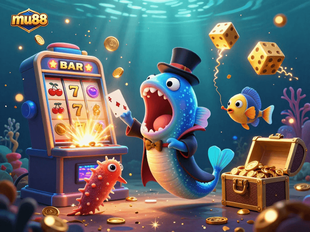 Experience mu88 magic in a vibrant underwater casino, featuring enchanting sea characters.