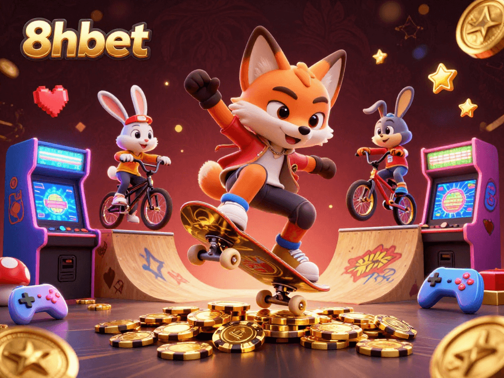 Engage with 8xbet's thrilling casino atmosphere featuring vibrant gaming elements and lively characters.