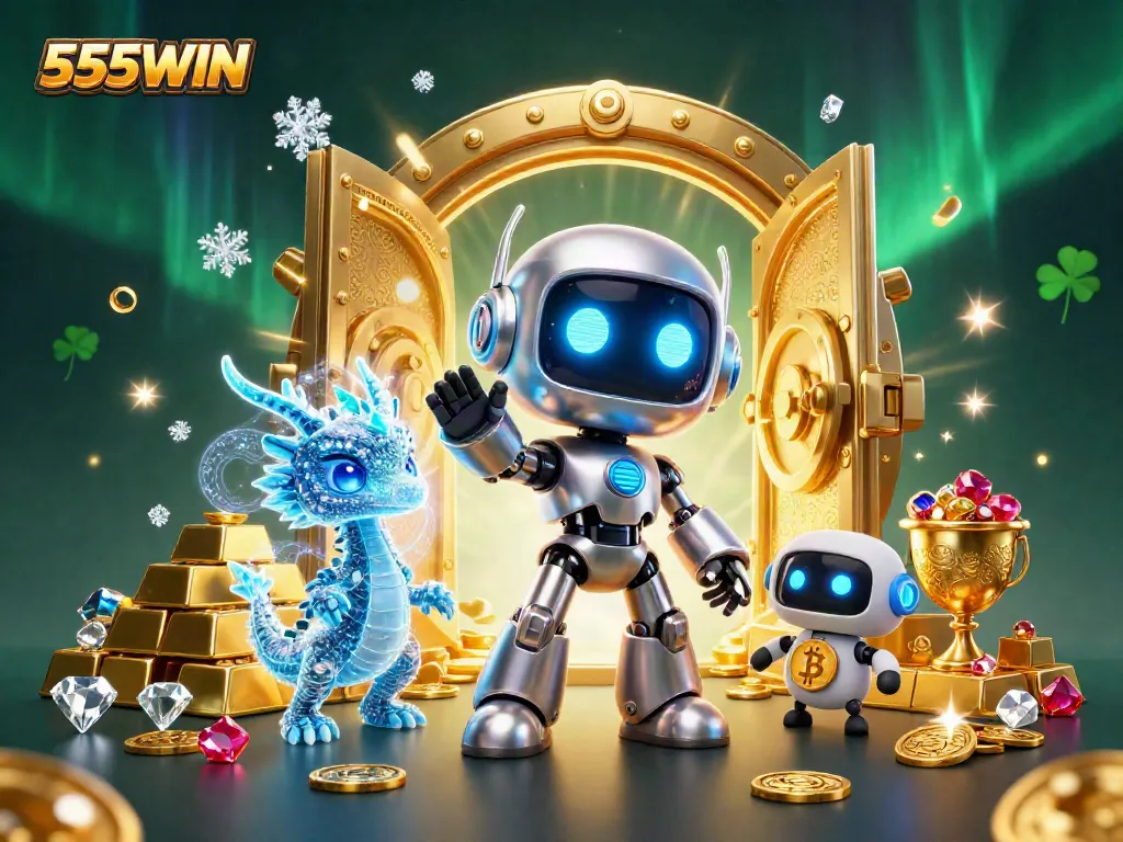 Engage in excitement with 555WIN's thrilling casino scene featuring a dynamic cyberpunk robot and treasure elements.