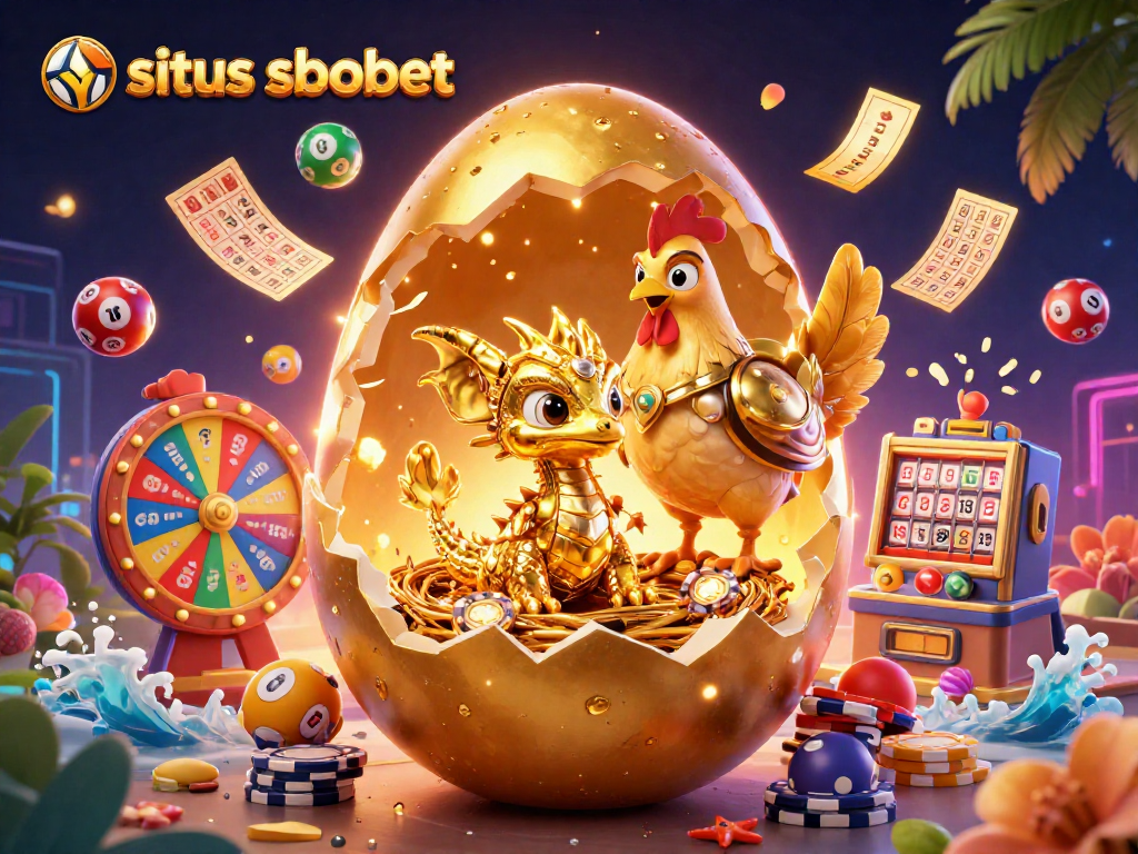 Experience the exciting situs sbobet with a vibrant scene of a golden baby dragon and casino elements.