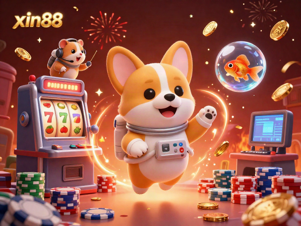 Experience gaming excitement with xin88 in a vibrant space casino scene with adventure-themed characters.