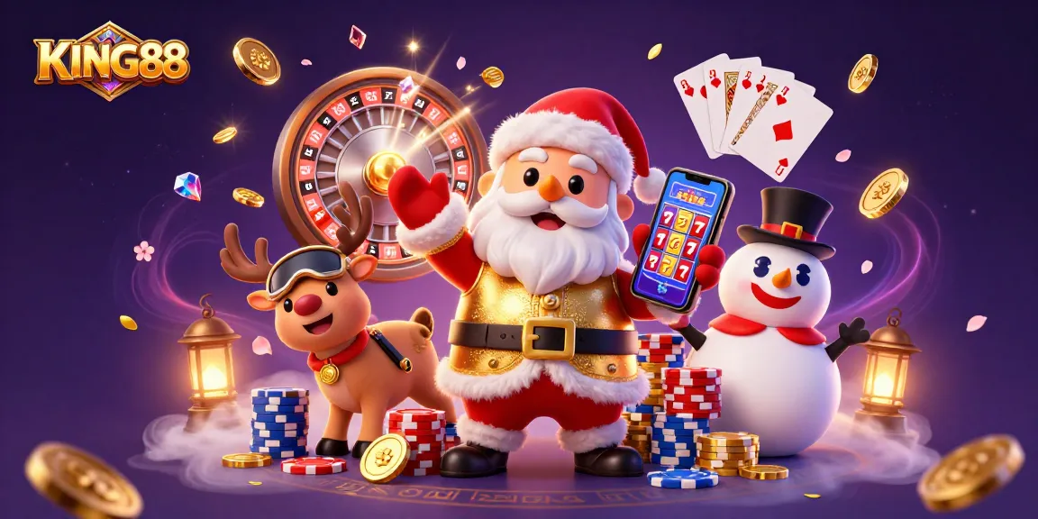 Experience the excitement of KING88 with Santa, his reindeer, and a snowman in a vibrant casino scene.