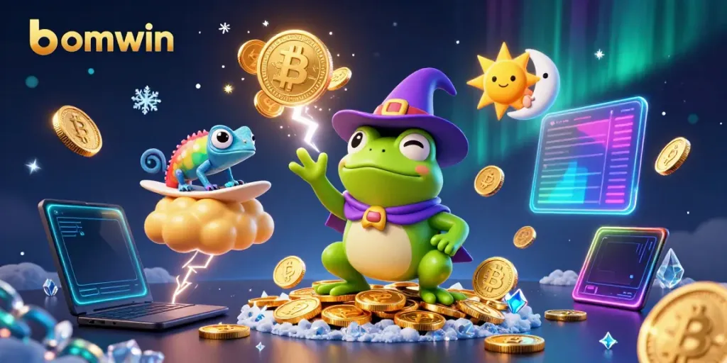 Experience a thrilling storm of golden coins with bomwin, as the wizard frog unleashes luck in a vibrant casino.