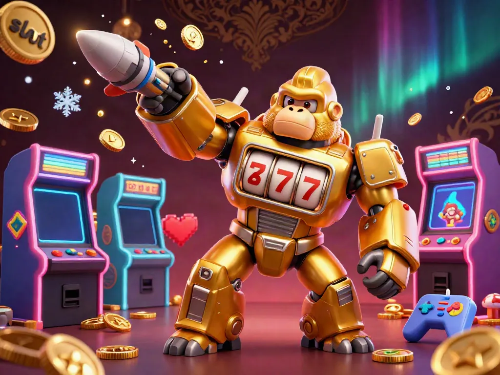 Transforming slot machine mech unleashing coins in a vibrant casino arcade scene.