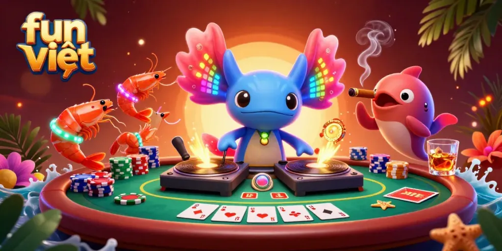 Experience the thrill of fun việt as a neon-colored axolotl DJ spins at an underwater casino party.