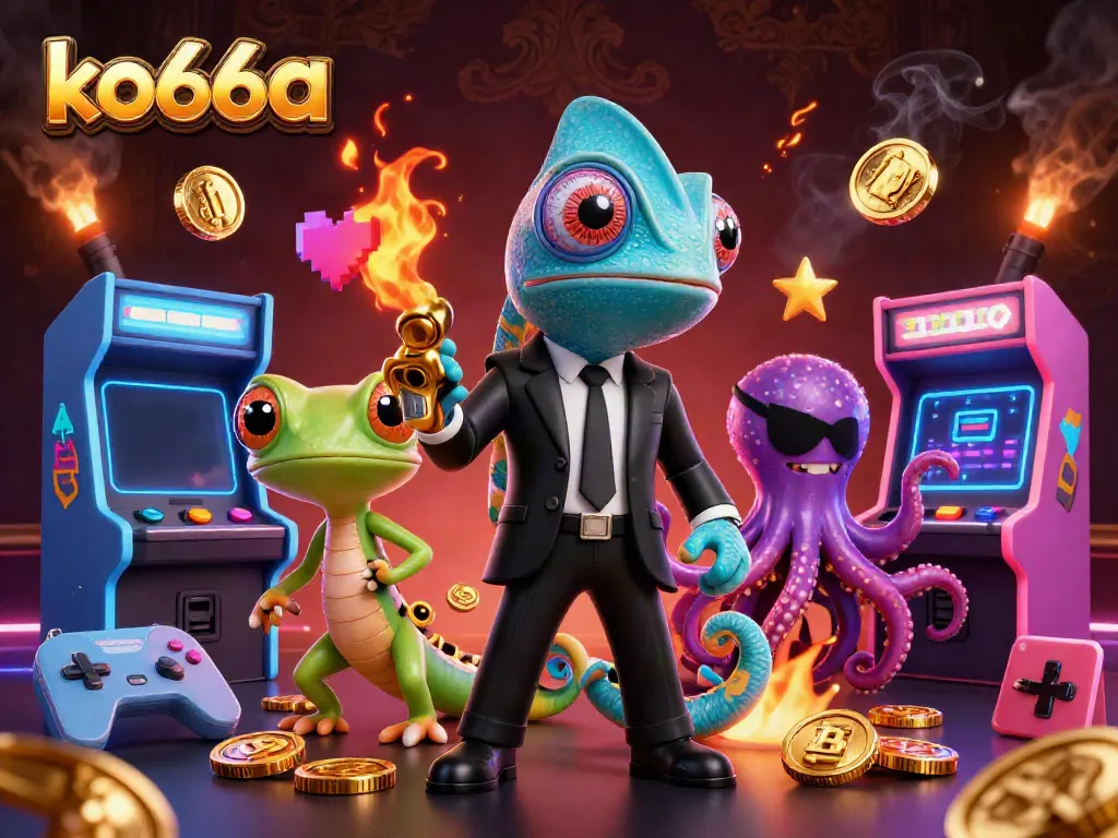 Engage in thrilling gameplay with ko66a's dynamic casino scene featuring vibrant characters and colorful arcade machines.