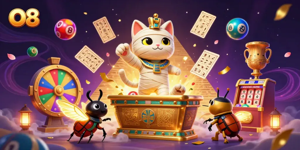 O8 presents a thrilling 3D casino scene with a mummy cat and golden ticket adventure.
