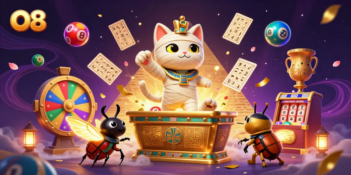 O8 presents a thrilling 3D casino scene with a mummy cat and golden ticket adventure.