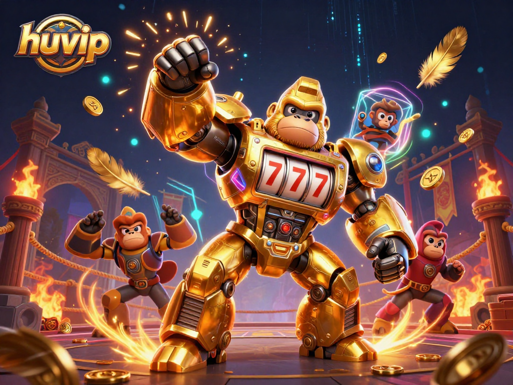 Experience winning excitement at huvip with a vivid 3D illustration of a slot machine mech and dynamic gaming elements.