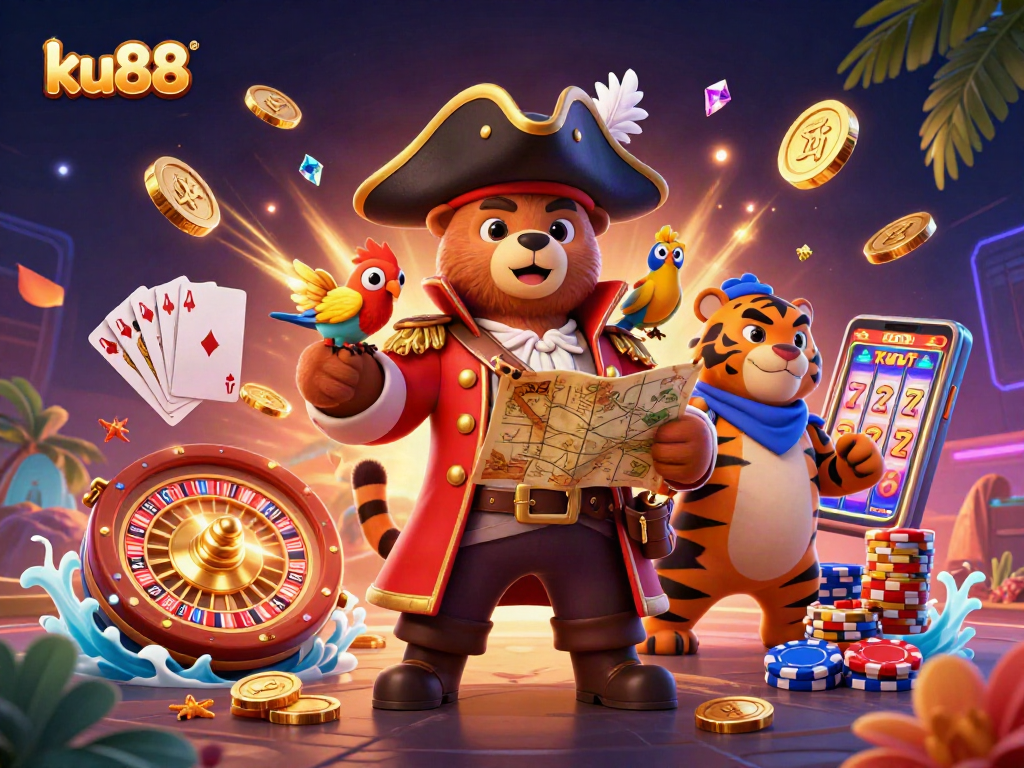 Immerse in ku88's thrilling gaming world with a pirate captain bear, tiger, and parrot. Enjoy spectacular casino elements!