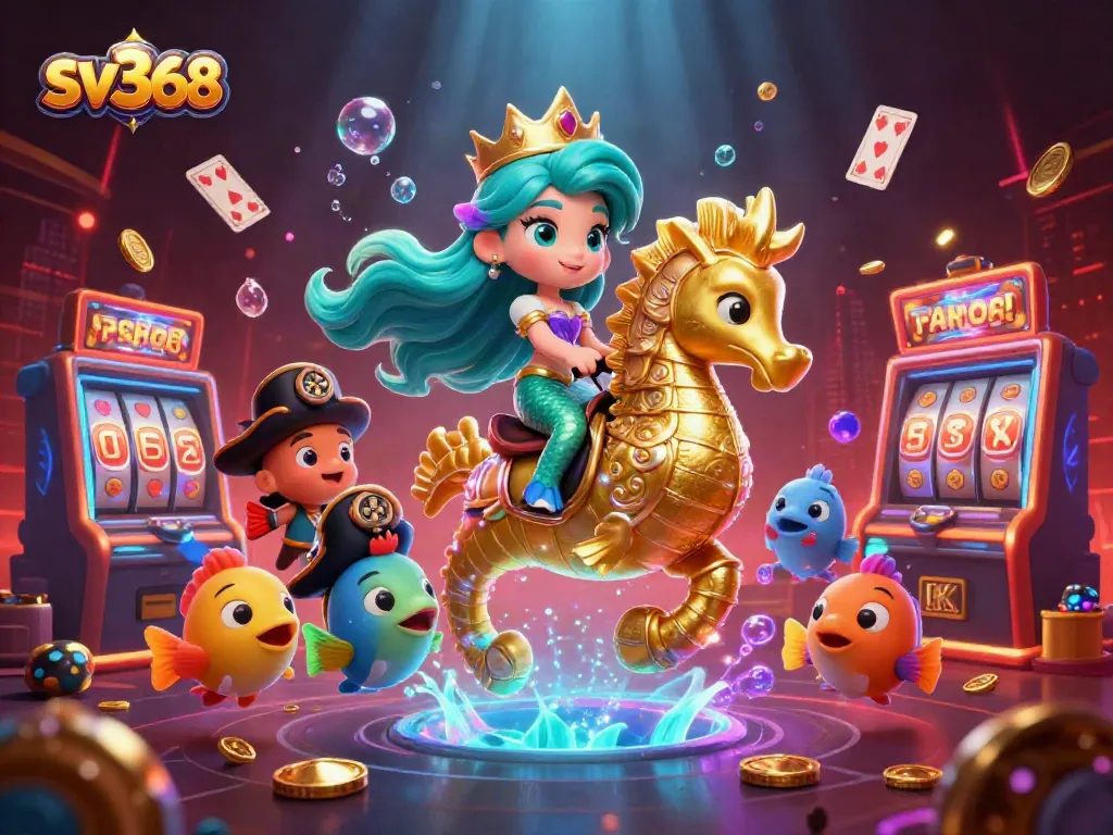 Win big at sv368 with vibrant casino games, a majestic mermaid, and floating playing cards.