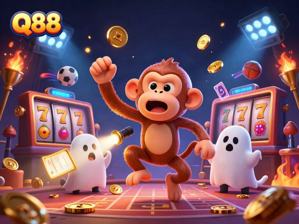 Experience Q88's thrilling atmosphere in a haunted casino filled with golden coins and energetic characters.