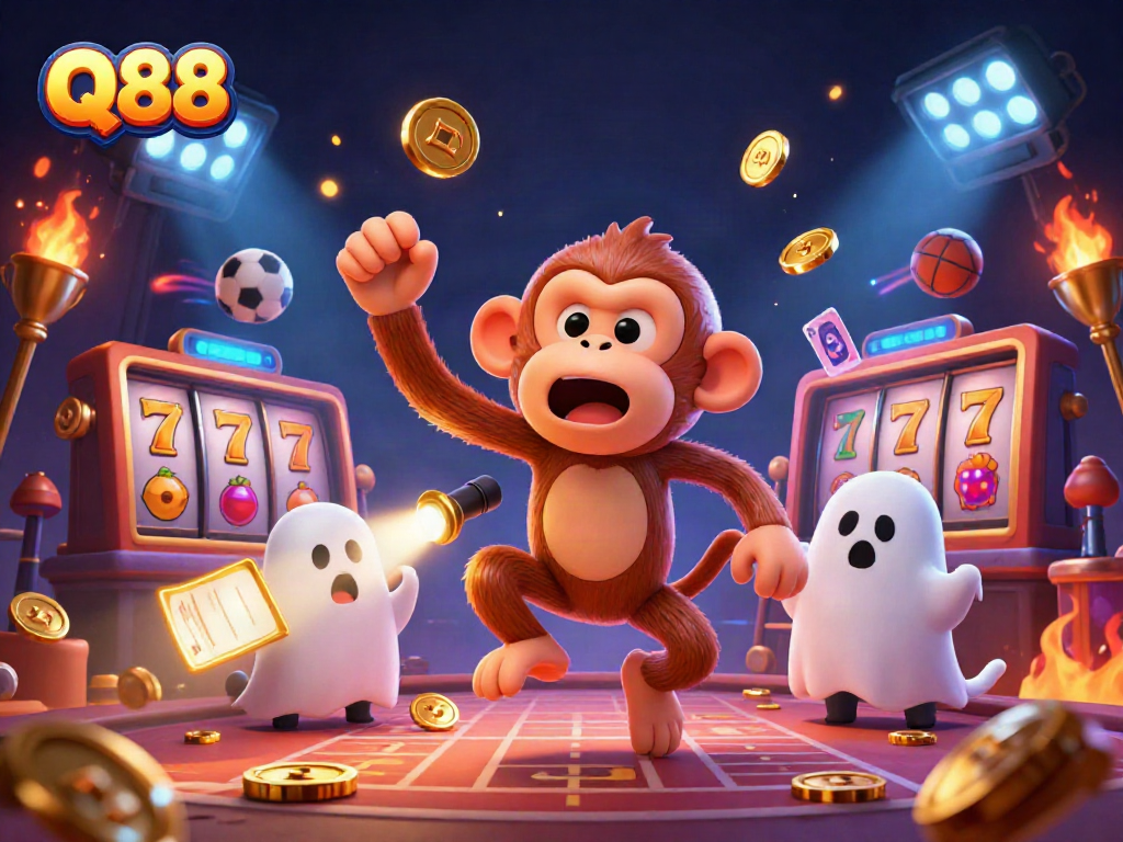Experience Q88's thrilling atmosphere in a haunted casino filled with golden coins and energetic characters.