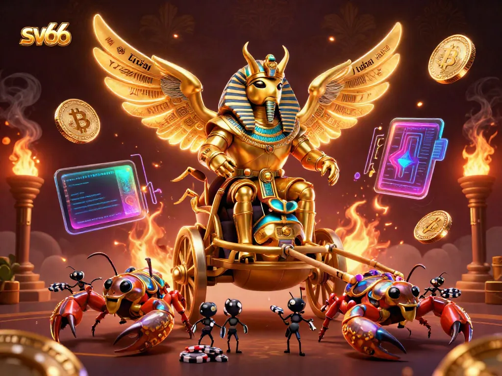 Bet on sv66 with an exciting scene featuring a golden scarab beetle and colorful crypto elements.