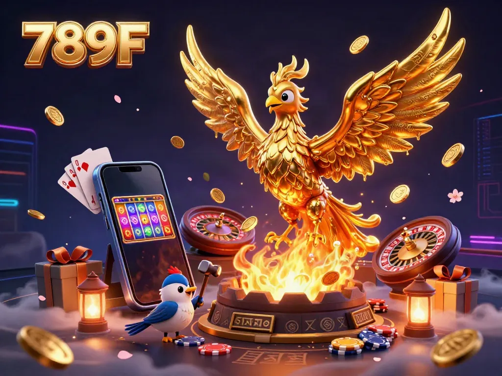Experience thrilling casino action with 789F's vivid golden phoenix rising, showcasing dynamic gaming elements.