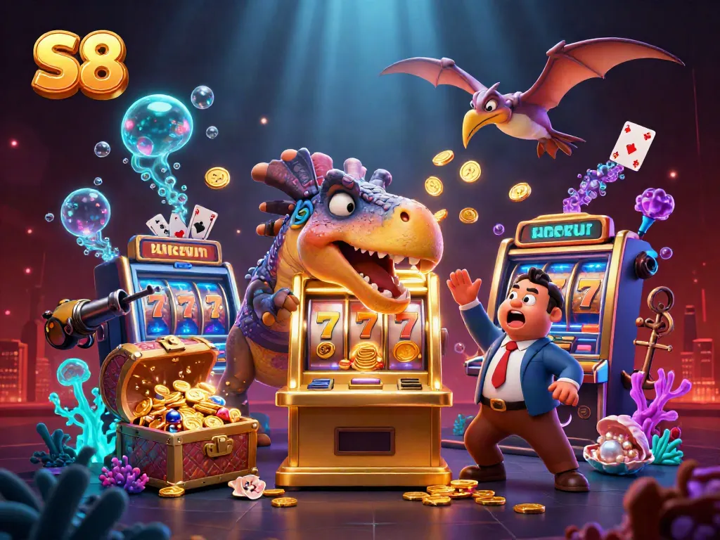 Experience the thrilling S8 gaming scene with dinosaurs interacting with a golden slot machine amid vibrant casino-themed elements.