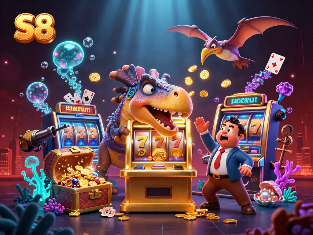 Experience the thrilling S8 gaming scene with dinosaurs interacting with a golden slot machine amid vibrant casino-themed elements.