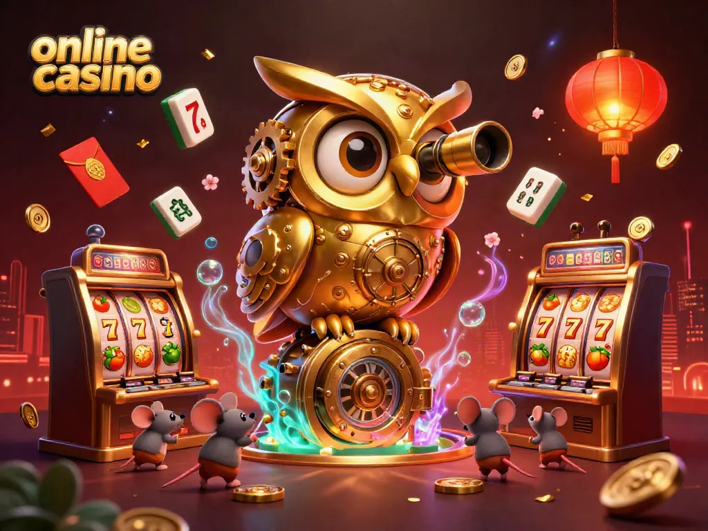 Experience dynamic online casino excitement with a golden owl and whimsical mice amidst vibrant gaming elements.
