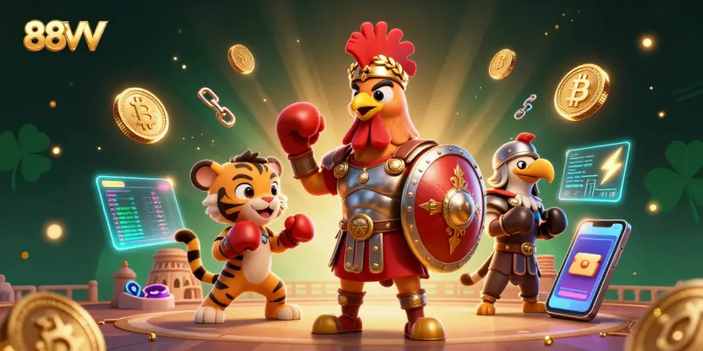Engage in thrilling gaming at 88VV with a dynamic colosseum scene featuring a rooster and cub.