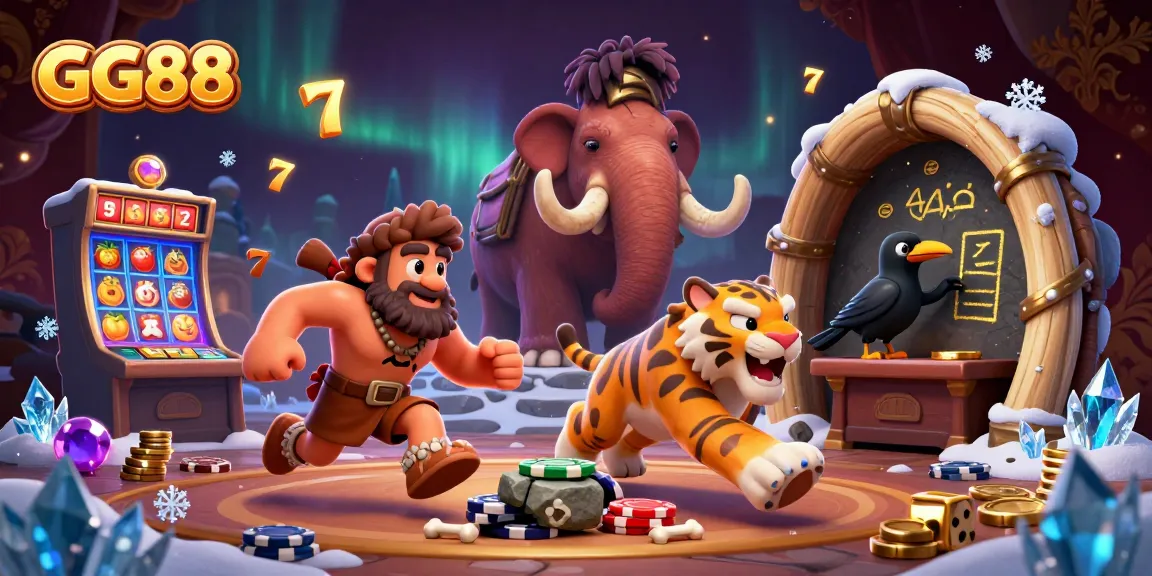 Experience exciting slots and jackpots at GG88's prehistoric casino with vibrant illustrations.
