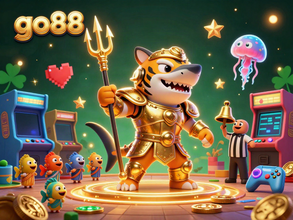 Engage in the vibrant world of go88 gambling with a dynamic 3D underwater scene featuring a golden gladiator shark.