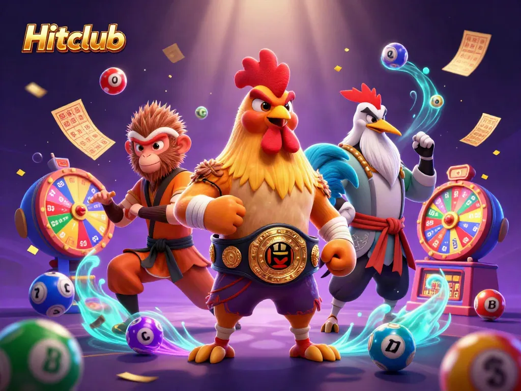 Engage with the vibrant Hitclub gaming scene filled with colorful lottery elements and playful characters.