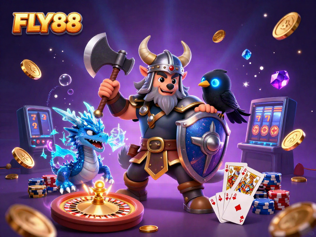 Spin to win with FLY88's vibrant gaming illustration featuring a Viking, dragon, and casino elements.