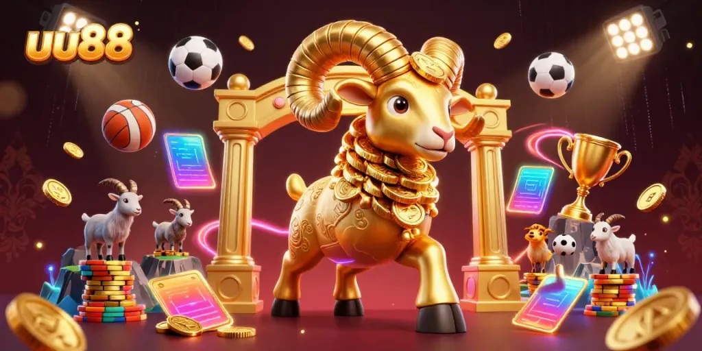 uu88 celebrates exciting sports betting with animated golden ram and dynamic elements in a vibrant casino setting.