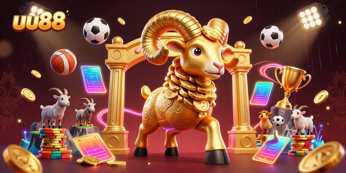 uu88 celebrates exciting sports betting with animated golden ram and dynamic elements in a vibrant casino setting.