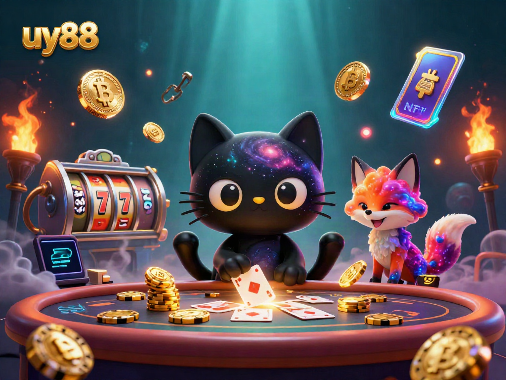 Experience the cosmic thrill of uy88 with a cartoon black hole cat at a vibrant casino table drawing in lucky chips and cards.