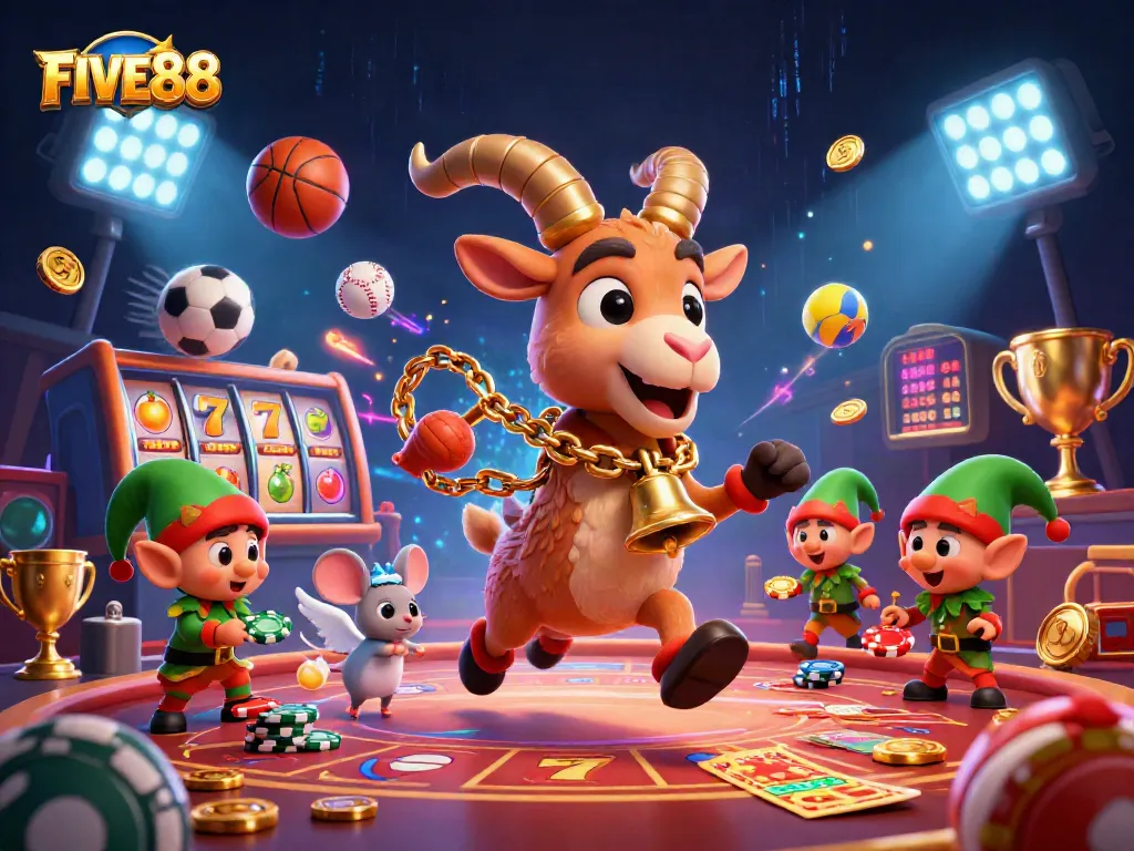 Engage your luck with FIVE88 in a vibrant casino scene featuring festive characters and dynamic game elements.
