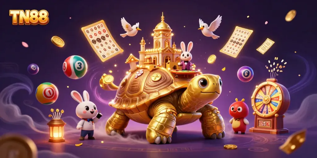 Engage with TN88 at a captivating casino scene featuring a golden tortoise, rabbit dealer, and thrilling game elements.