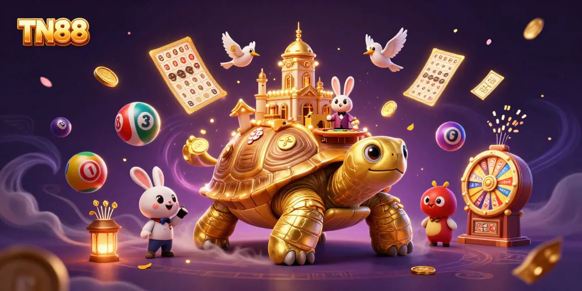 Engage with TN88 at a captivating casino scene featuring a golden tortoise, rabbit dealer, and thrilling game elements.