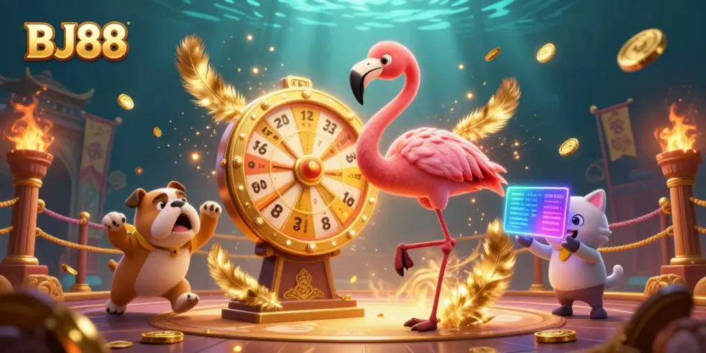 Experience the thrill of BJ88 with a game show host flamingo and excited bulldog in a dynamic casino scene.